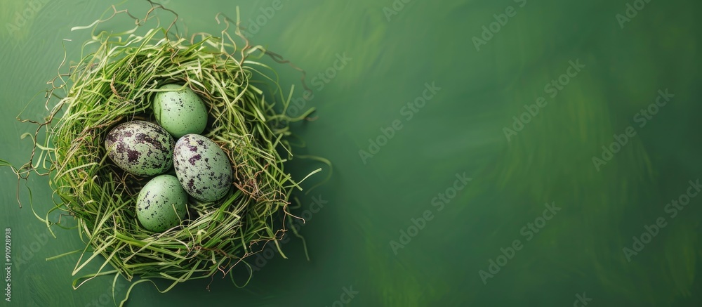 Leinwandbilder nest of artificial grass with easter eggs on a green backdrop leaving room for a copy space image