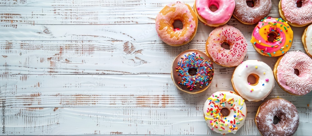 Fototapete a variety of vibrant donuts displayed on a white wooden surface with icing and sprinkles some froste