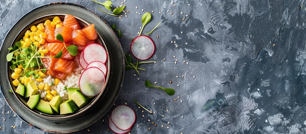 Poster top view of a hawaiian poke or buddha bowl featuring salmon rice cucumber corn radish and avocado on
