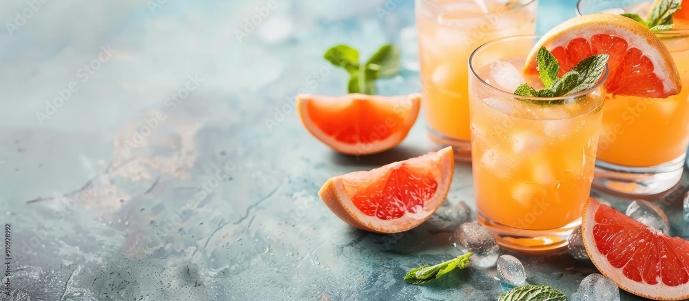 Poster refreshing summer cocktail featuring grapefruit juice with mint in glasses on the table perfect for 