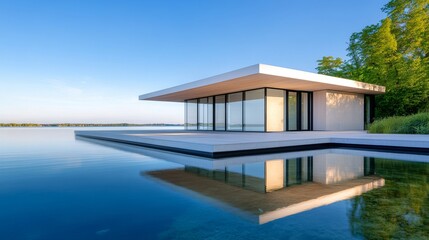 A modern, minimalist house with clean lines and large glass panels, situated on the serene shores of a crystal-clear lake