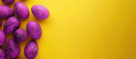 Top down perspective showing purple Easter eggs against a yellow backdrop with ample space for additional imagery