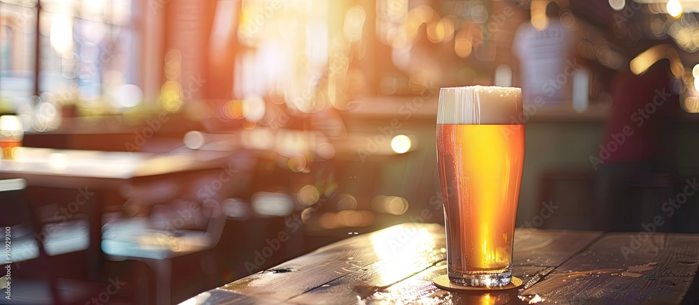 Poster fresh beer in a glass on a table at a pub with copy space image
