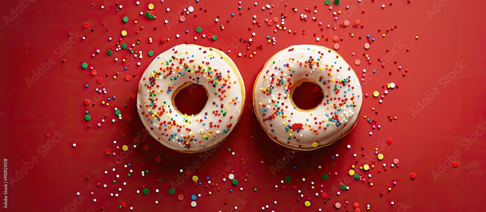 Poster Two delectable vanilla donuts with sprinkles on a vibrant red backdrop indulgent yet delightful treats Includes room for adding text or images Top down view. Creative banner. Copyspace image