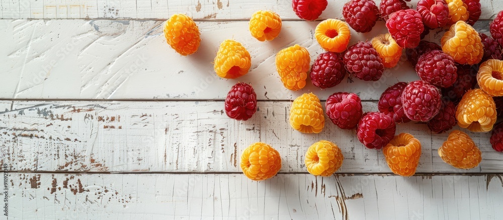 Aufkleber rare red and yellow raspberries displayed on a white wooden table with a clear area for text or othe