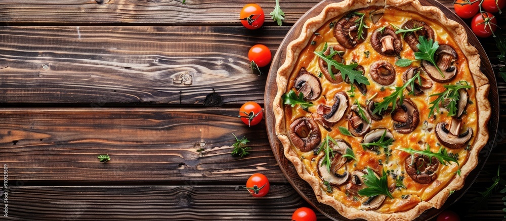 Leinwandbilder tasty mushroom quiche on a wooden table top view for text on a copy space image