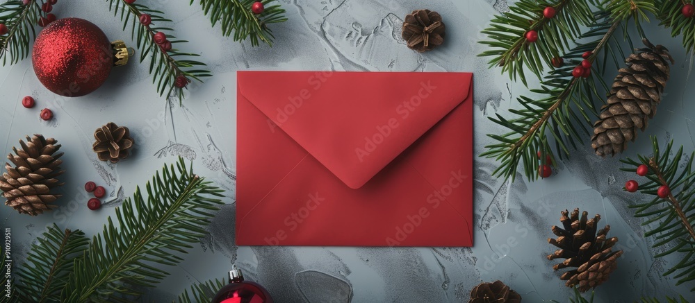 Poster a festive holiday themed composition with green fir branches pine cones christmas ornaments a red en