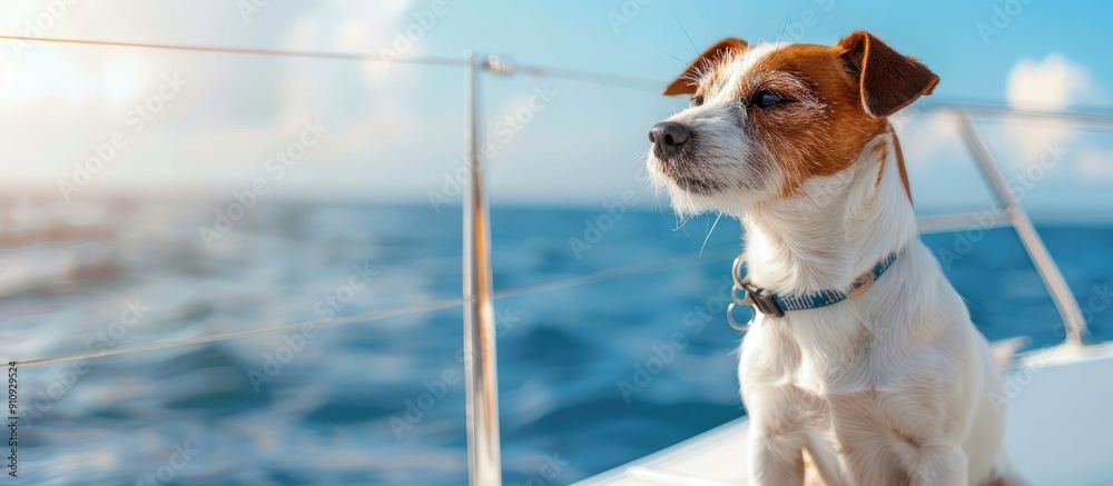 Poster ocean view provides background for a side view of a jack russell terrier on a boat with room for add