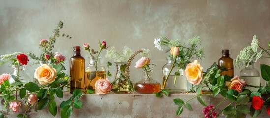Table adorned with bottles of rose essential oil and fresh flowers providing an inviting copy space image