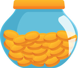 Transparent piggy bank overflowing with stacks of gold coins represents the concept of saving money