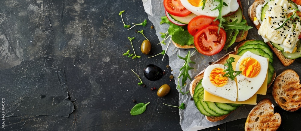 Poster Fresh toast sandwiches with vegetables boiled eggs cheese and avocado arranged on top of a piece of rice paper on a black surface background with copy space image