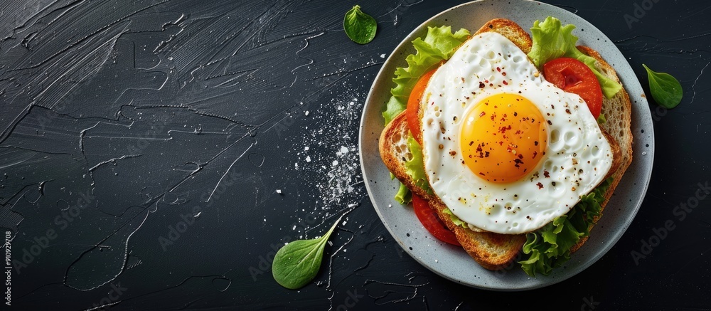 Poster top view of a sandwich with fried eggs on a plate placed on a black desk with copy space for text in