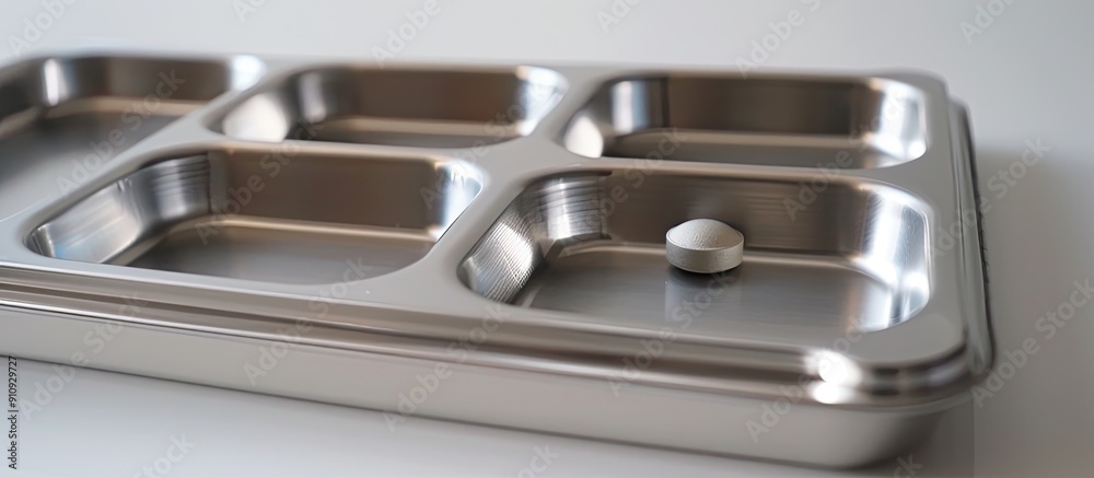 Poster white background featuring a stainless steel pill counting tray with copy space image