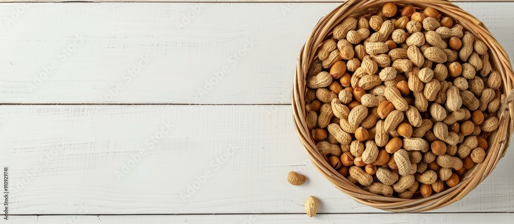 Aufkleber fresh peanuts in a basket on a white wooden table viewed from the top with copy space image