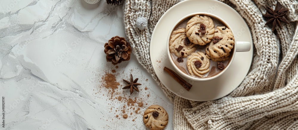 Poster a knitted scarf cocoa cookies on a white plate and a white table are showcased in the copy space ima