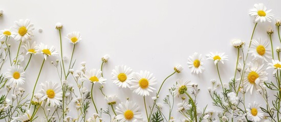 A white background showcases a frame made of large autumn chamomile Levcantemella flowers providing ample copy space image
