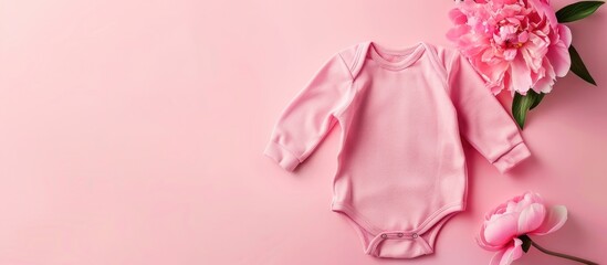 Pink baby girl clothes next to a peony flower on a pink background ideal for baby birthday invitation or greeting cards with copy space image in a flat lay style