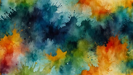 An expressive watercolor abstract art piece featuring splashes of blues, greens, oranges, and reds blending seamlessly to create a dynamic and vibrant composition