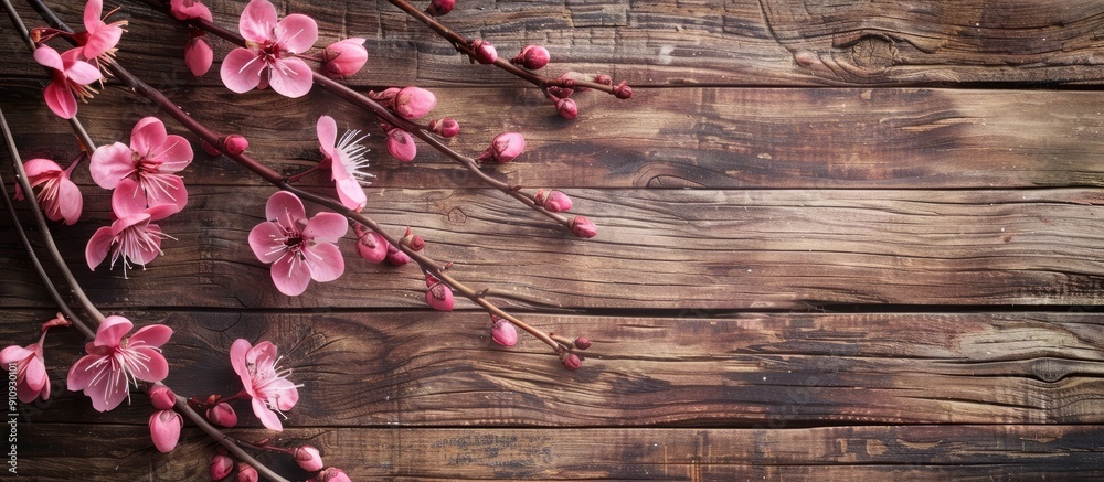 Poster Pink flowers in bloom on twig branches against a wooden backdrop with empty space for text or design. Creative banner. Copyspace image