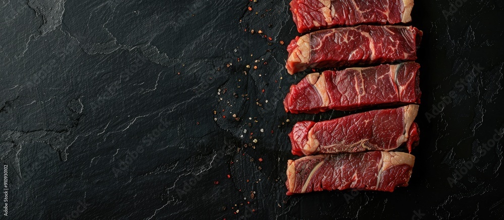 Aufkleber Top view of a neatly sliced Top Blade steak from black Angus cattle on a dark backdrop with room for text or other elements in the image. Creative banner. Copyspace image
