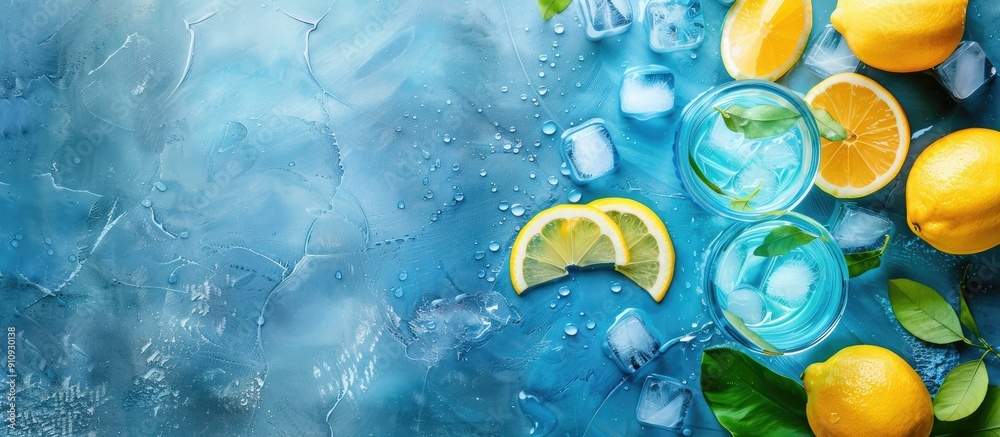 Poster background showcasing a refreshing summer theme featuring blue detox water fresh slices of lemon and
