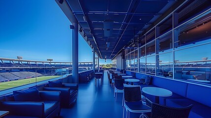 Fototapeta premium Panoramic View of Luxurious VIP Lounge at Modern Stadium with Stunning Blue Sky Backdrop