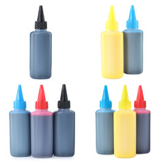 Printer ink of different colors in bottles isolated on white, set