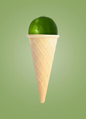 Ice cream cone with lime on green background