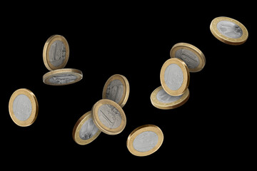 Euro coins in air on black background