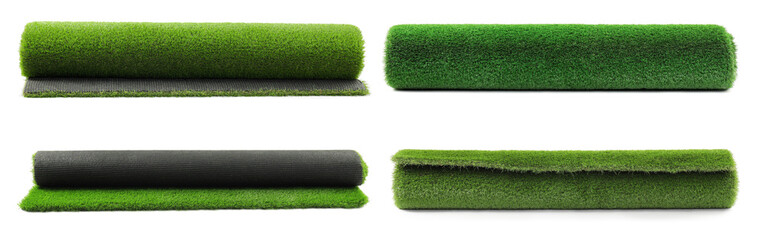 Rolls of green artificial turf isolated on white, set