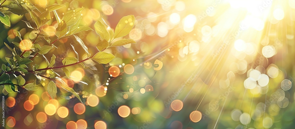Aufkleber Copy space image featuring a sunny abstract summer background with bokeh and sun transitioning into an autumnal natural backdrop with blurred sun rays