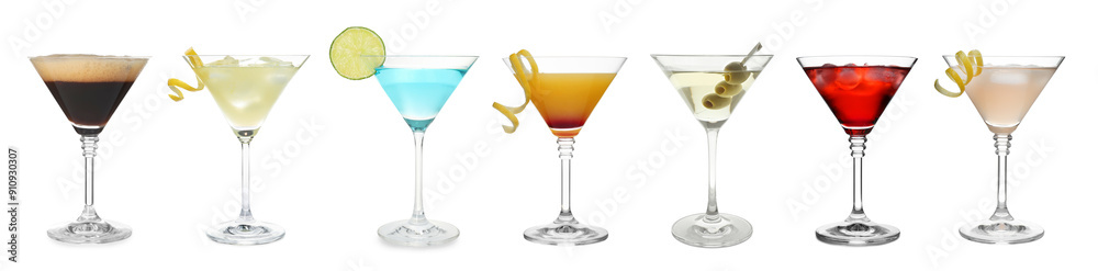 Sticker Many different cocktails in martini glasses isolated on white, collection