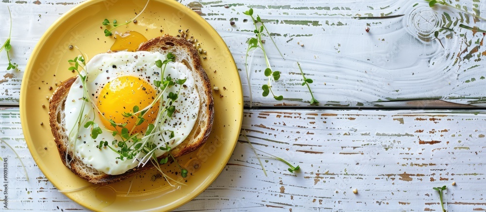 Poster top view of a healthy breakfast scene a yellow plate holds toast topped with an egg and micro greene