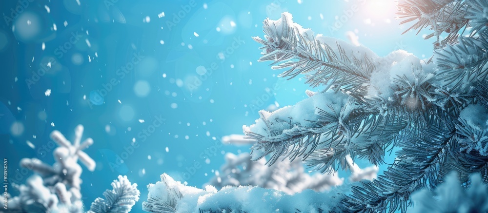 Aufkleber A picturesque winter landscape featuring snow covered fir branches with a clear blue sky creating a magical scene in a park with a sunny and bright ambiance ideal for a copy space image