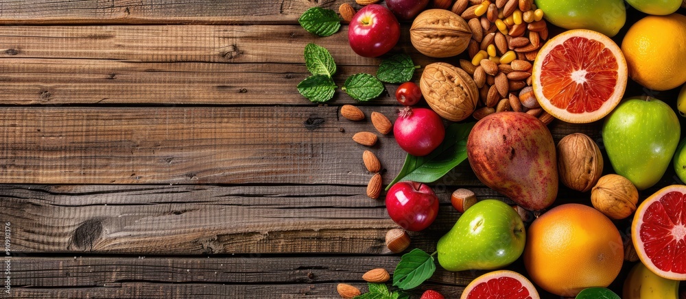 Poster Top view of fresh fruits vegetables and nuts on a wooden background creating a healthy food concept with available copy space image