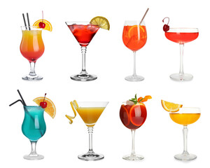 Many different cocktails in glasses isolated on white, collection