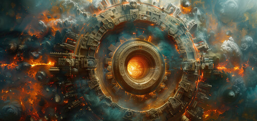 Futuristic and intricate circular structure with glowing center surrounded by cosmic phenomena. Concepts of sci-fi, advanced technology, and interstellar exploration.