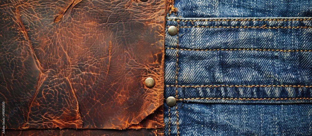Poster copy space image on a label of brown leather with a textural appearance against a background of blue
