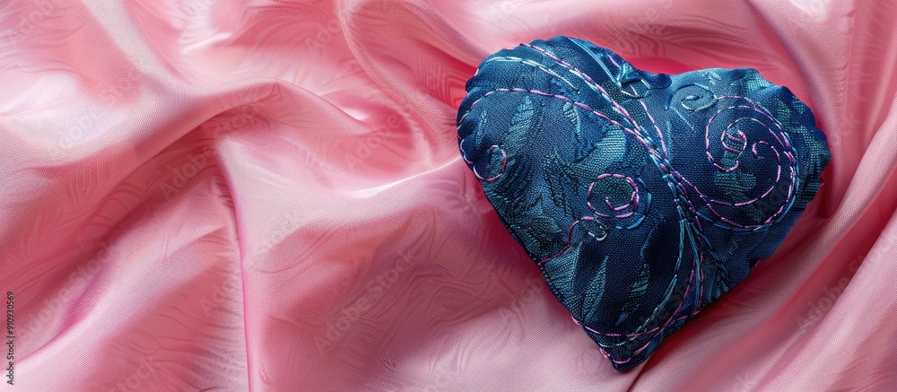 Poster heart shaped blue textile with embroidered lines set against a pink fabric backdrop ideal for a copy