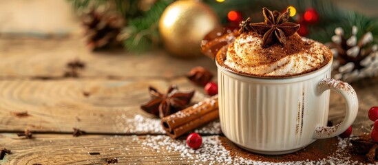 Quick Christmas breakfast idea A festive mug cake with traditional winter spices in a Christmassy setting with copy space image on a wooden background