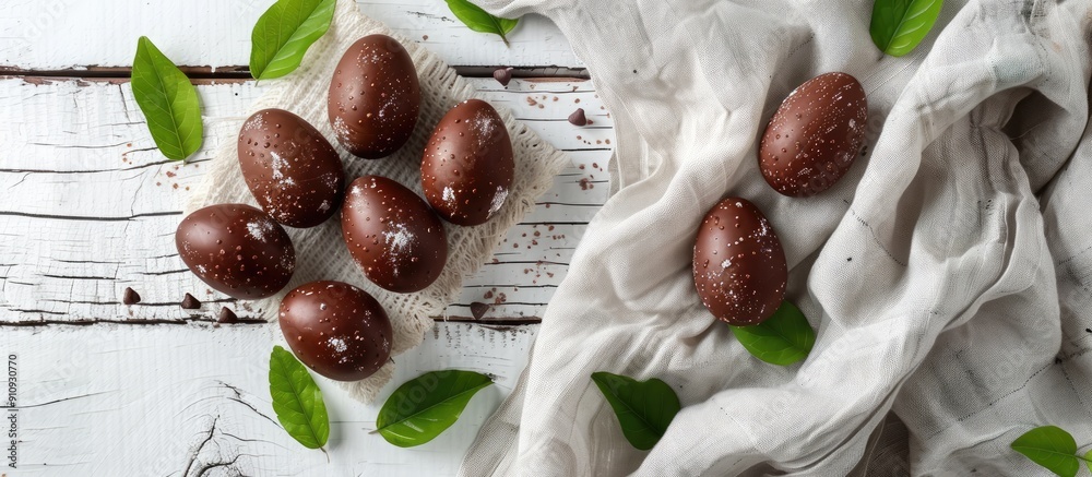 Aufkleber Easter themed chocolate eggs on a white wooden surface with natural linen fabric and green spring leaves for a rustic backdrop in a photo with empty space for design elements. Creative banner