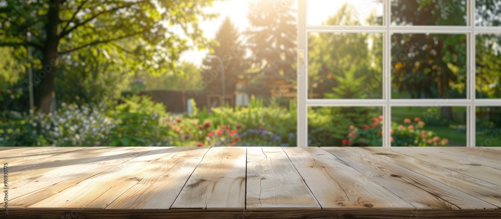 Fototapete wooden table without objects set against a blurred green garden view through a window ideal for show