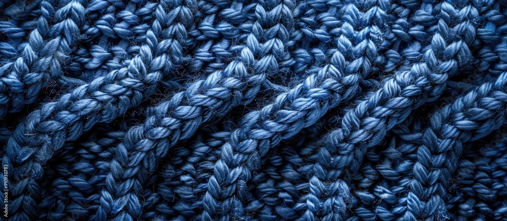 Poster Horizontal blue indigo knitted wool texture background pattern with selective focus and copy space image in a top view