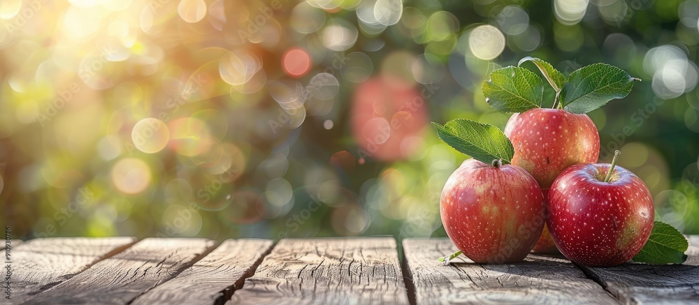 Poster Summer themed copy space image featuring apples on a rustic wooden table with a blurry bokeh background