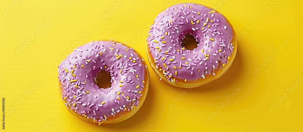 Poster two delectable lilac donuts with sprinkles on a vibrant yellow backdrop tempting treats that are ind