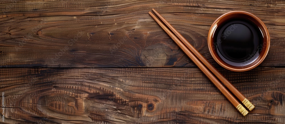 Poster a wooden table background with chopsticks soy sauce and copy space image