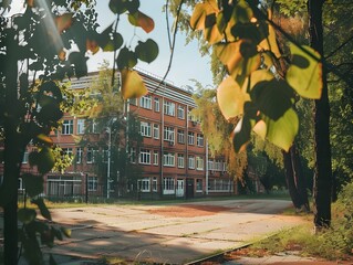 Peaceful School Campus in Early Morning Light, Back to School Atmosphere background