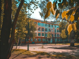 Peaceful School Campus in Early Morning Light, Back to School Atmosphere background