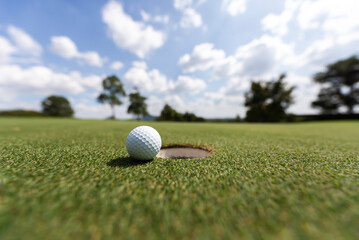 Green grass and woods on a golf field. View of Golf Course with beautiful putting green. Golf course with a rich green turf beautiful scenery.