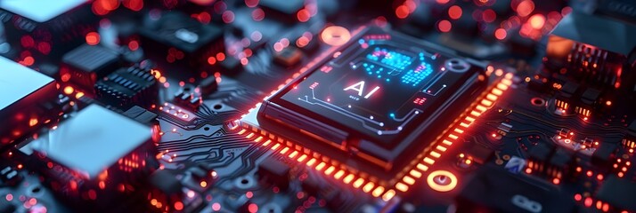 Artificial Intelligence concept background, AI Chip processing data, Artificial intelligence processor on board, Data Processing Chip, Ai Concept